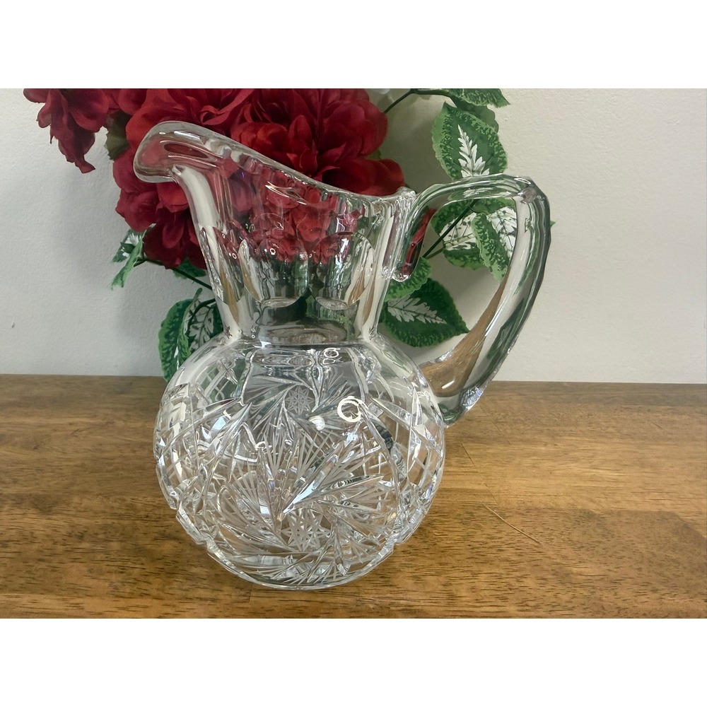 Vintage Cut Crystal Water Pitcher Starburst Pattern Retro Elegant Decor Bar Cart